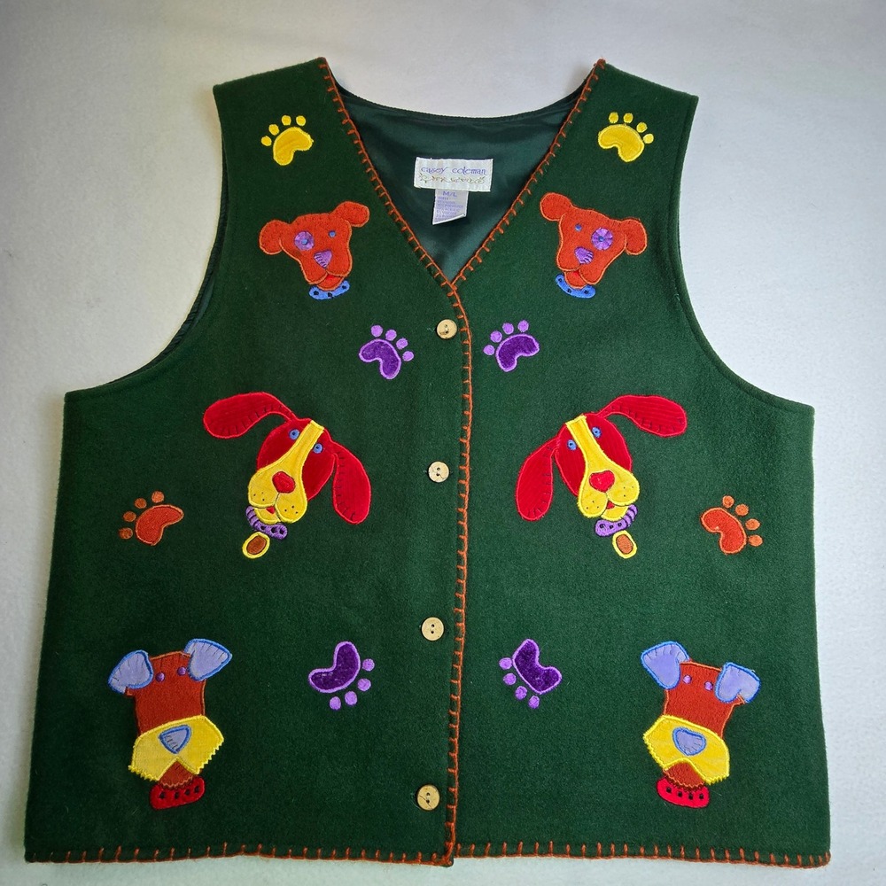 Vintage Casey Coleman‎ Dogs Vest Womens M/L Puppies Novelty Whimsical Artsy Felt